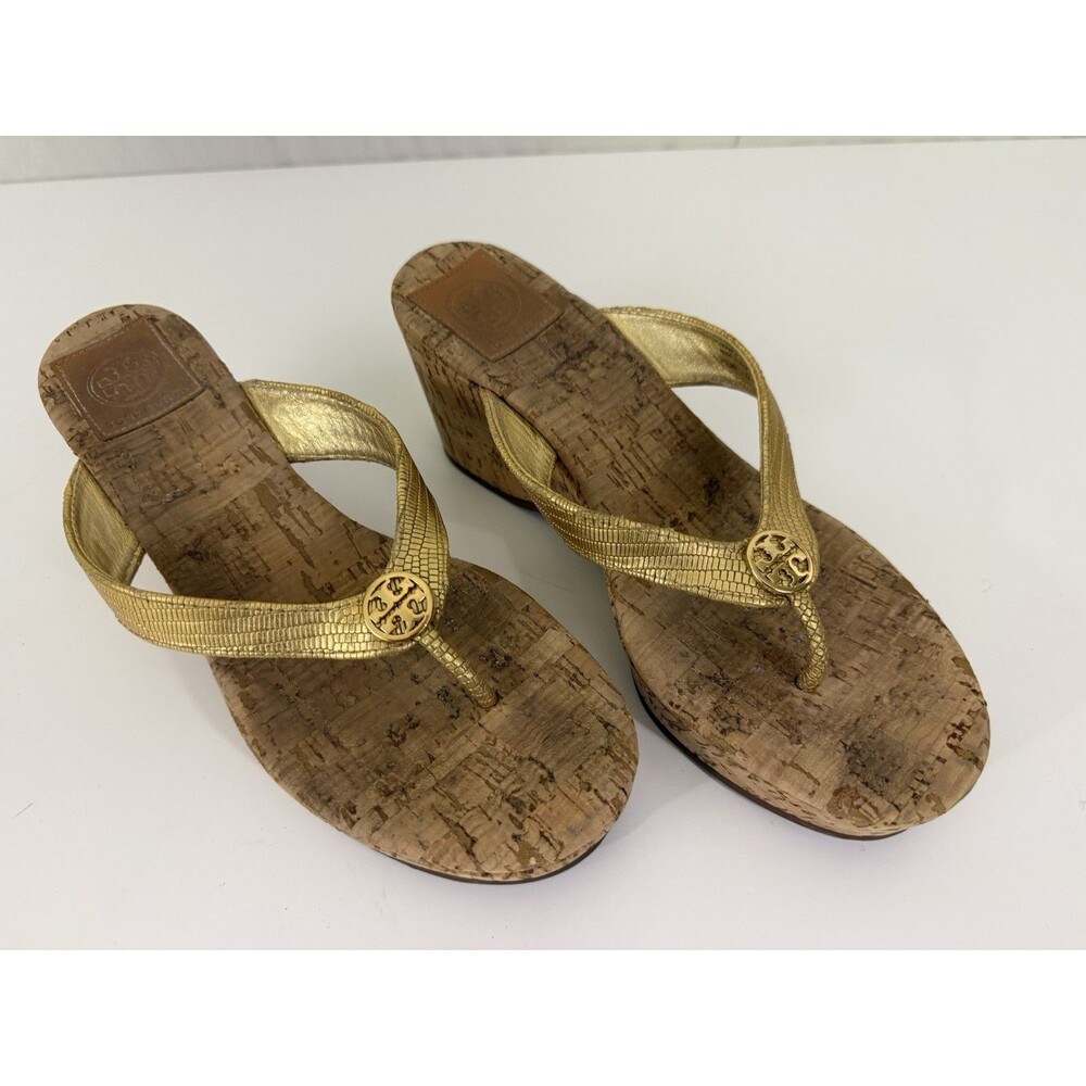 Tory Burch Gold Cork Wedge Thong Sandals